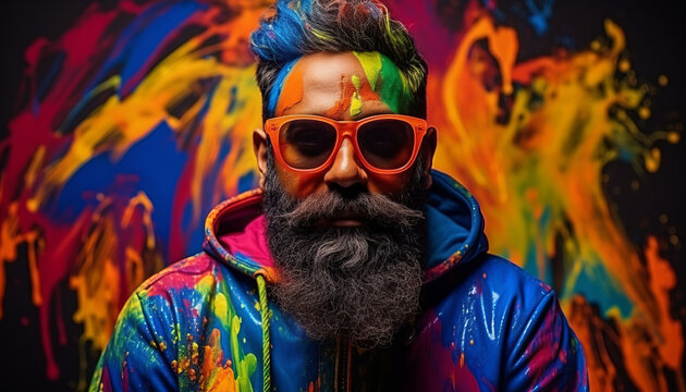 Portrait of cheerful man with colored face having fun with colorful paint