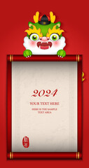 Chinese new year of cute cartoon dragon and Chinese style red scroll paper template. Chinese translation : New year