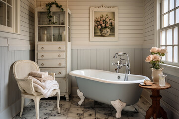 Fototapeta na wymiar A Cozy Cottage Bathroom Retreat: Vintage Elegance and Rustic Charm with Beadboard Walls, a Classic Clawfoot Tub, and Tranquil Warmth.