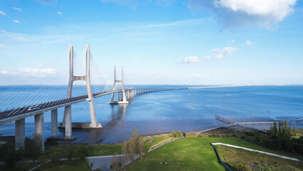 Aerial view of the Vasco da Gama Bridge is a cable-stayed bridge located in the city of Lisbon in...