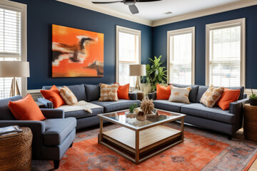 Creating a harmonious and inviting atmosphere, this stunning living room interior in coral and navy blue colors features cozy accents, modern furniture, vibrant artwork, and elegant textiles.
