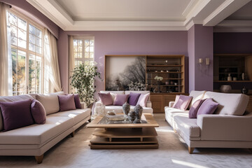 Luxurious cream and purple living room with elegant decor, cozy ambiance, stylish furniture, and a fireplace, creating a relaxing and contemporary interior design.