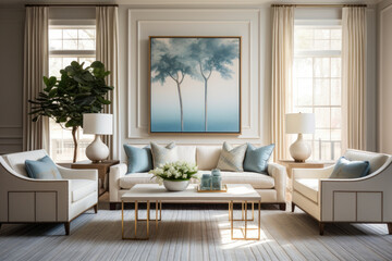 Fototapeta na wymiar An Elegant Living Room Interior with Serene Blue and Beige Colors, Stylish Furniture, and Harmonious Decor for a Peaceful Ambiance