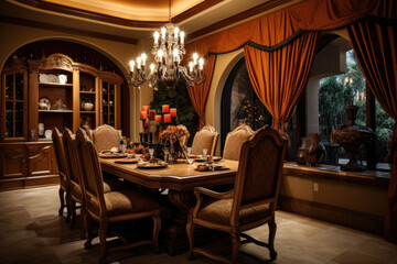 Fototapeta na wymiar A Timeless Italian Dining Room: Luxurious Interior with Ornate Furniture, Warm Earth Tones, and Intricate Details, Creating an Inviting Ambiance of Elegance and Opulence.