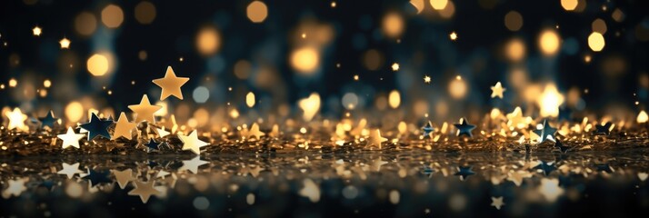 Christmas background with gold stars and sparkling. Christmas Golden light shine particles bokeh with gold foil.