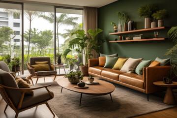 A Serene and Stylish Living Room Interior with Modern Furnishings, Earthy Brown and Vibrant Green Colors, and Natural Elements Creating an Inviting and Cozy Atmosphere.