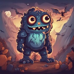 Evil and Cute Cartoon Character Halloween Pumkin Monster Sticker design. Big Eyes cartoon in desert illustration.