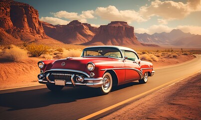 retro vintage classic car on a quiet country road, ai generative