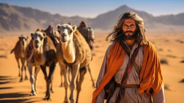 Man wearing traditional clothes leading camel caravan walk through desert.