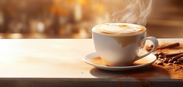 coffee drink latte, cup of coffee cup with smoke on table background stock photo.