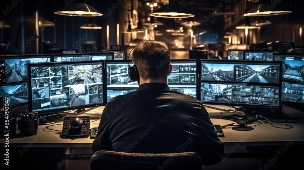 Aufkleber Security worker looks view from security camera on monitor in control room. CCTV technology.