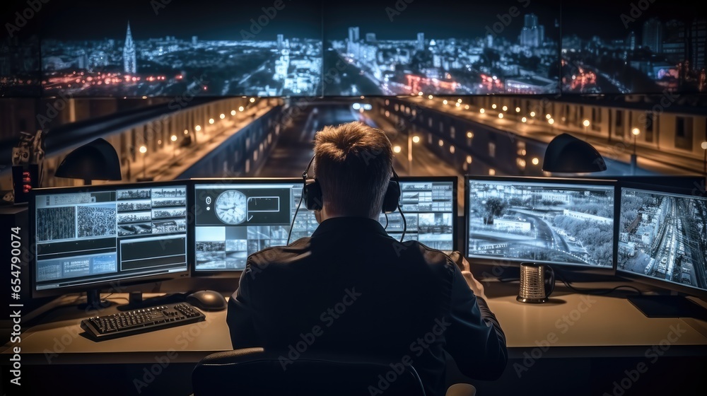 Aufkleber security worker looks view from security camera on monitor in control room. cctv technology.
