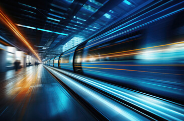 speedy train running, motion blur, technology concept - obrazy, fototapety, plakaty