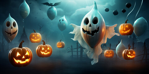Halloween Ghost and Pumpkin, 
Spooky Halloween Scene, 
Scary Pumpkin and Ghost,
Haunted Halloween Illustration