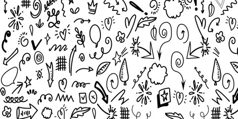 Abstract arrows, ribbons, hearts, stars, crowns and other elements in a hand drawn style for concept designs. Scribble illustration. 