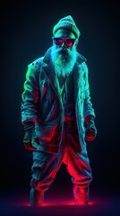 Person in Santa Claus outfit and jacket. Scary crazy santa in neon outfit and sunglasses. Merry christmas and happy new year.