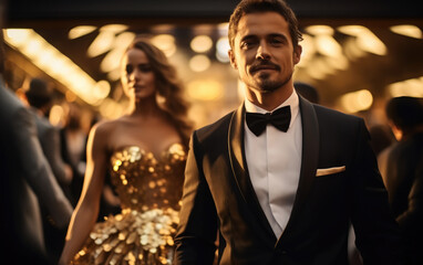 man and woman in suit arriving at party, Walking on the red carpet posing for awards ceremony.