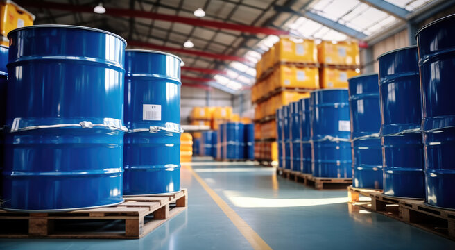 Chemical storage tanks neatly stored in warehouse of industrial chemistry.