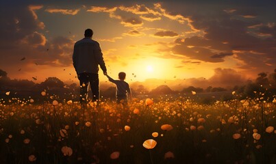 father and son silhouette in flower field at sunset, ai generative