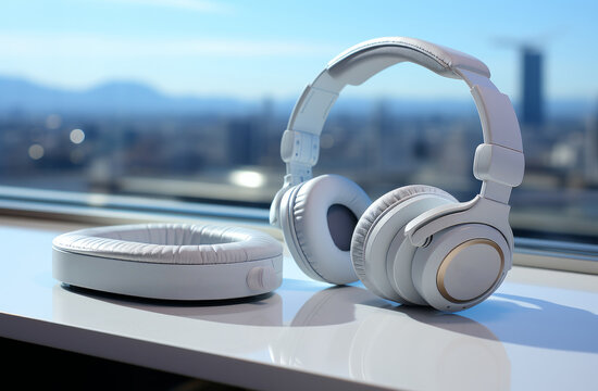 3D Rendering White headphones on the table