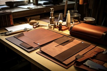 Work area with leather folder for paperwork. Generative AI