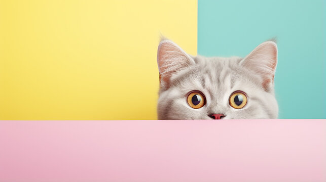 Conceito animal criativo. 
gato  espiando sobre um fundo pastel brilhante