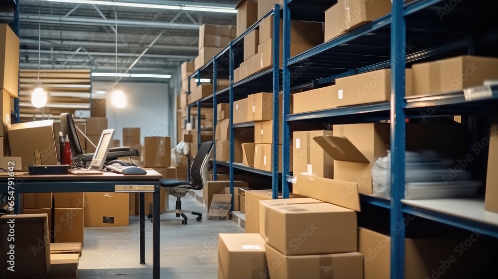 Poster office desk to work on inventory and logistics in warehouse space filled with stacks of carton boxes