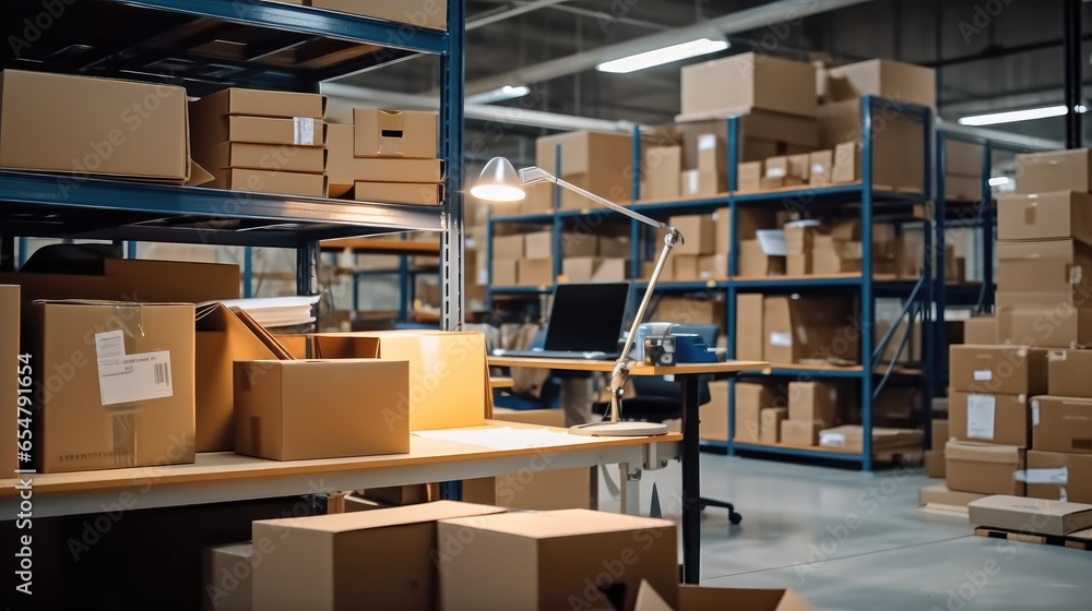 Poster office desk to work on inventory and logistics in warehouse space filled with stacks of carton boxes
