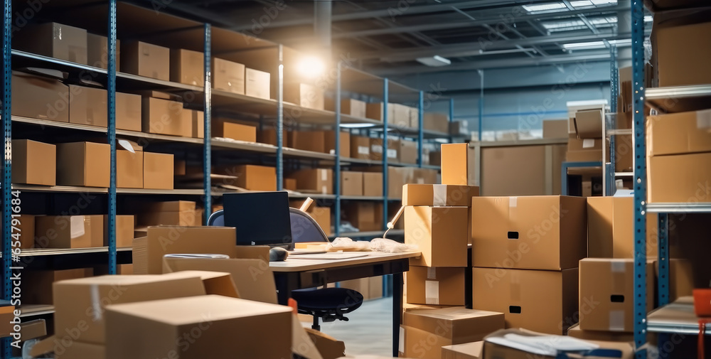 Poster office desk to work on inventory and logistics in warehouse space filled with stacks of carton boxes