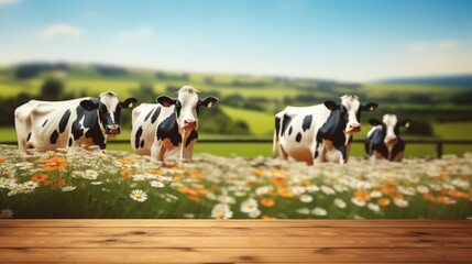 Empty wooden table with cows and green grass background.