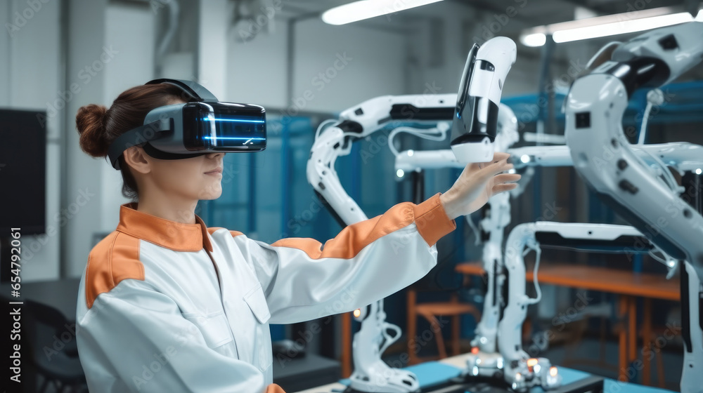 Poster engineers woman wearing vr glasses to monitoring system software of machinery automatic arm in smart
