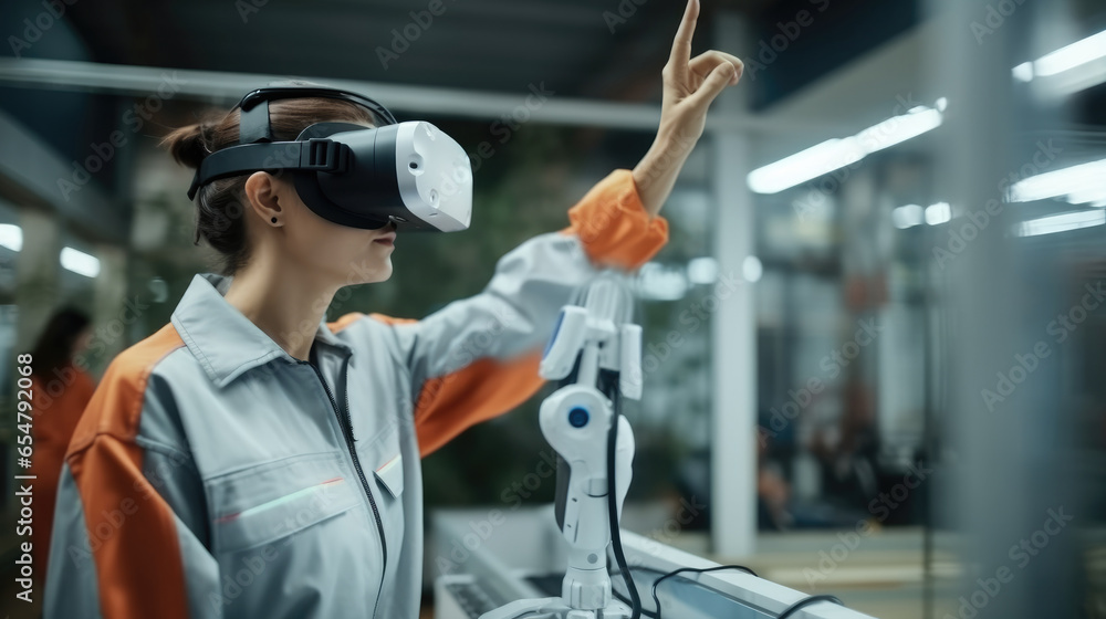 Poster engineers woman wearing vr glasses to monitoring system software of machinery automatic arm in smart