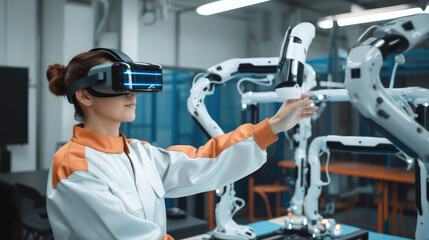 Engineers woman wearing VR glasses to monitoring system software of machinery automatic arm in smart factory.