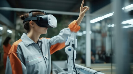 Engineers woman wearing VR glasses to monitoring system software of machinery automatic arm in smart factory.
