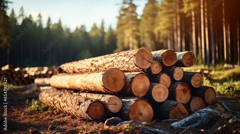 Sticker log trunks pile, wooden trunks pine, logging timber wood industry.