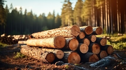 Log trunks pile, Wooden trunks pine, Logging timber wood industry. - obrazy, fototapety, plakaty