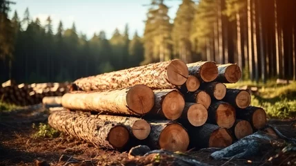 Foto op Plexiglas Log trunks pile, Wooden trunks pine, Logging timber wood industry. © visoot