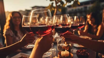 Celebratory red wine toast between friends at social event party, Cheers to great memories, Celebration.
