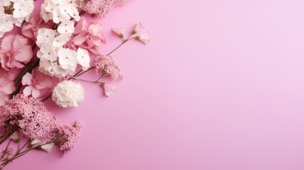 pink cherry blossoms. Banner with frame made of rose flowers and green leaves on a pink background