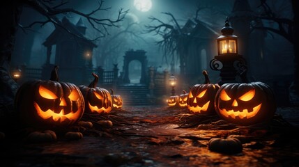 Fototapeta premium Pumpkin head jack lanterns, bats in dark spooky mystery forest at Halloween night, Halloween background.