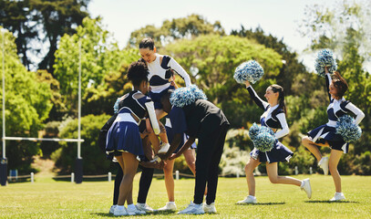 Team, cheerleader or girl on field for practice or fitness training in outdoor workout or...