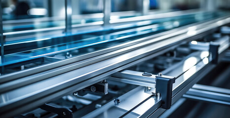 Equipment rail for installing glass panels on mobile assembly lines in production plants.