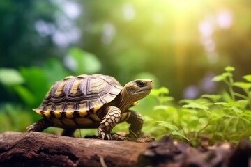 Leopard tortoise in natural green background with sunlight bokeh. Generative AI