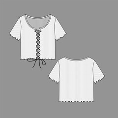 Womens Lace up Lettuce hem Ribbed Crop Top henley neck front lace up detail knot crop top t shirt blouse flat sketch technical drawing template design vector - obrazy, fototapety, plakaty