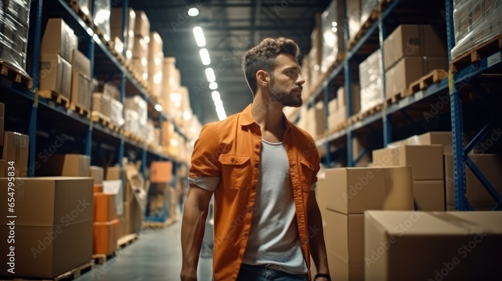 Poster man worker walking in warehouse space filled with stacks of carton boxes on shelves.