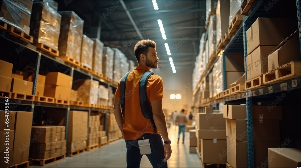 Poster man worker walking in warehouse space filled with stacks of carton boxes on shelves.