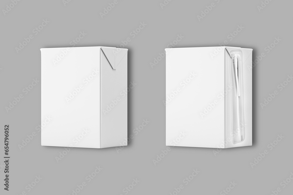 Aufkleber clear milk or juice 200 ml package model with a straw for design preview. mock up isolated on a grey
