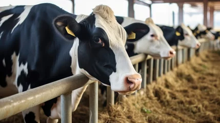 Rolgordijnen Dairy cows are eating hay in farm cowshed. © visoot