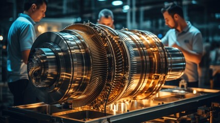 Professional Jet Engine and Machinery Operators Collaborate on a New Type of a Electric Turbine Engine in Scientific Technology Lab.