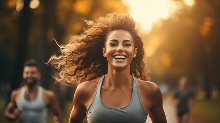 Female athlete jogging with personal trainer in nature.